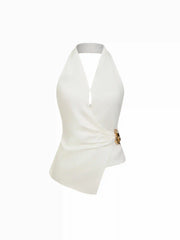 Halter Neck Asymmetrical Wrap Top With Metal Detail
