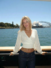 Cable Knit V-Neck Knotted Hollow Out Top