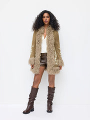 Velvet Collar Faux Fur Trim Graphic Coat