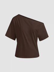 Cotton-blend Asymmetrical Neck Ruched Tee