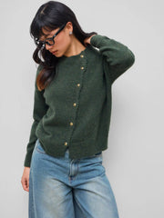 Knit Wool-blend Asymmetrical Button Up Oversized Long Sleeve Sweater