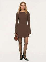 Round Neckline Side Belted Pleated Bell Sleeve Mini Dress
