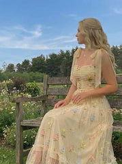 Mesh Square Neck Embroidery Floral Knotted Maxi Dress