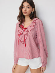 Gingham V-Neck Ruffled Lantern Sleeve Oversized Blouse