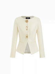 Wool-Look Round Neckline Metal Button Split Hem Jacket