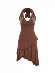 Jersey Halter Neckline Floral Embroidered Lace Patched Ruffle Hem Layered Mini Dress