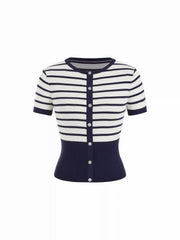 Knit Striped High Stretch Short Sleeve Cardigan With Pearl Buttons