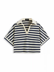 Color-Blocked Stripes Collar Top & Mid Rise Drawstring Shorts Set