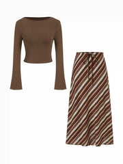 Boat Neck Solid Top & Mid Rise Striped Drawstring Maxi Skirt Set