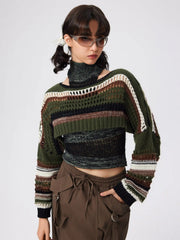 U-neckline Stripe Hollow Out Knitted Long Sleeve Crop Shrug