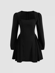 Square Neck Solid Pleated Ruffle Zipper Mini Dress