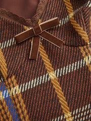 Tweed V-neck Tartan Bowknot Mini Dress