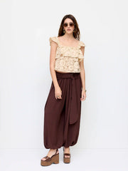 Cotton-blend Lace Square Neck Ruffled Crop Tank Blouse