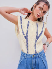 Cotton-blend Stand Collar Crochet Contrasting Binding Short Sleeve Blouse