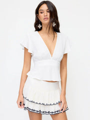 Linen-blend V-neck Ruffle Sleeve Tie Back Blouse