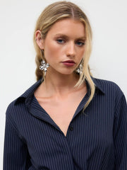 Collar Stripes Cinched Waist Mini Shirt Dress