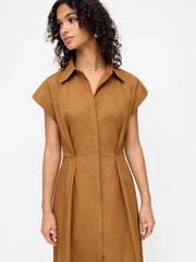 Cotton-blend Collar Cinched Waist Shirt Midi Dress