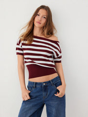 Knit Stripe Asymmetrical Neck Short Sleeve Top