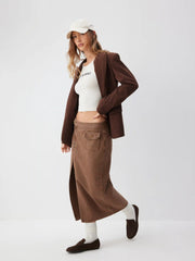 Washed Denim Low Rise Split Pencil Maxi Skirt