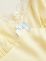 Satin Sweetheart Ruffle sleeve Lace Panel Bowknot Ruched Mermaid Maxi Dress