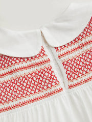 Linen-blend Peter Pan Collar Puff Sleeve Embroidery Scalloped Blouse