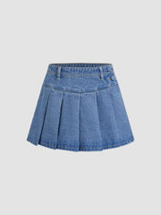 Cider Denim Low Rise Pleated Mini Skirt