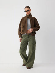 Cider Denim Low Rise Drawstring Wide Leg Cargo Jeans