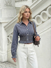 Cotton-blend Gingham Shirred Waist Ruffled Hem Blouse