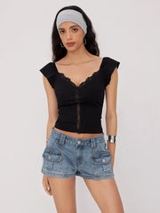 Cotton-blend V-neck Lace Trim Tee