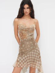 Mesh Floral Plaid Patchy Cowl Neck Asymmetrical Hem Ruffle Midi Dress