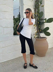 Cotton-blend Boat Neck Ruched Asymmetrical Hem Short Sleeve Tee