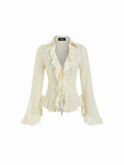 Striped Tie Front Cinched Waist Ruffle Sleeve Blouse