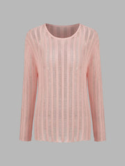 Knit Round Neckline Solid See-through Striped Long Sleeve Top