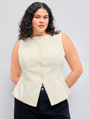 Woven Boat Neck Solid Button Vest Curve & Plus