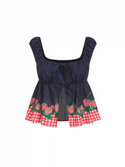 Linen-blend Raspberry & Gingham Tie Front Babydoll Top