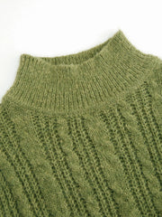 Wool-blend Cable Knit High Neck Solid Long Sleeve Top
