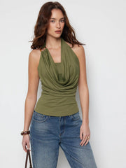 Halter Neckline O-Ring Ruched Draped Top