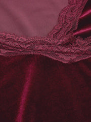 Velvet V-neck Solid Lace Ruched Long Sleeve Top