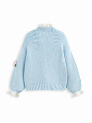 Knit 3D Floral V-neck Knotted Ruffle Trim Oversized Cardigan