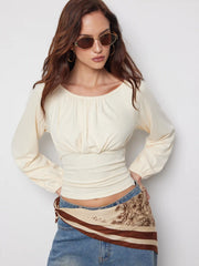Boat Neck Ruched Puff Long Sleeve Blouse