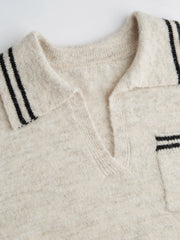 Wool-blend Collar Striped Trim Oversized Sweater