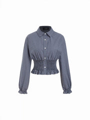 Cotton-blend Gingham Shirred Waist Ruffled Hem Blouse