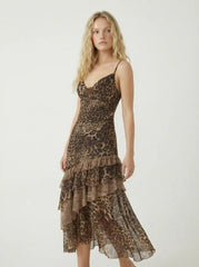 Leopard Cowl Neck Ruffled Asymmetrical Maxi Cami Dress