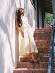 Cotton-blend Square Neck Lace Up Ruffle Maxi Dress