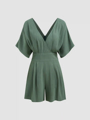 Linen-blend V-neck Solid Pocket Zipper Romper