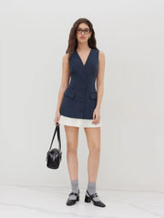 V-neck Two Tone Pleated Mini Dress