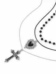 HEART & CROSS & BEADED LAYERED NECKLACE