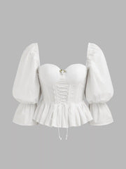 Lace Up Ruffle Hem Corset Puff Sleeve Blouse