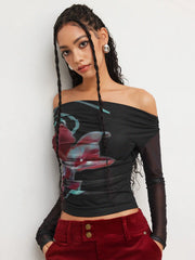 Asymmetrical Neck Floral Ruched Long Sleeve Top