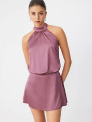 Satin Halter Neckline Backless Mini Dress